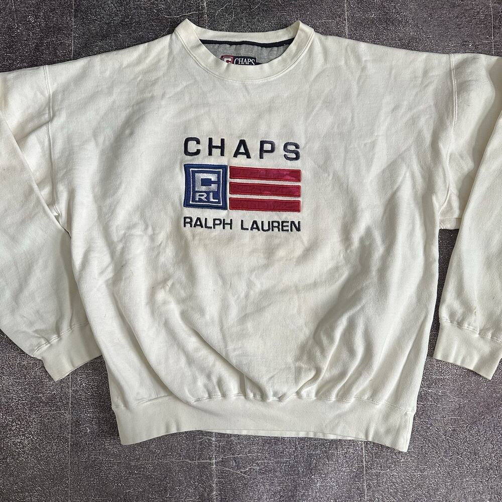 Men's Vintage Y2K Chaps Ralph Lauren White Flag Logo Crewneck Sweatshirt Sz XL